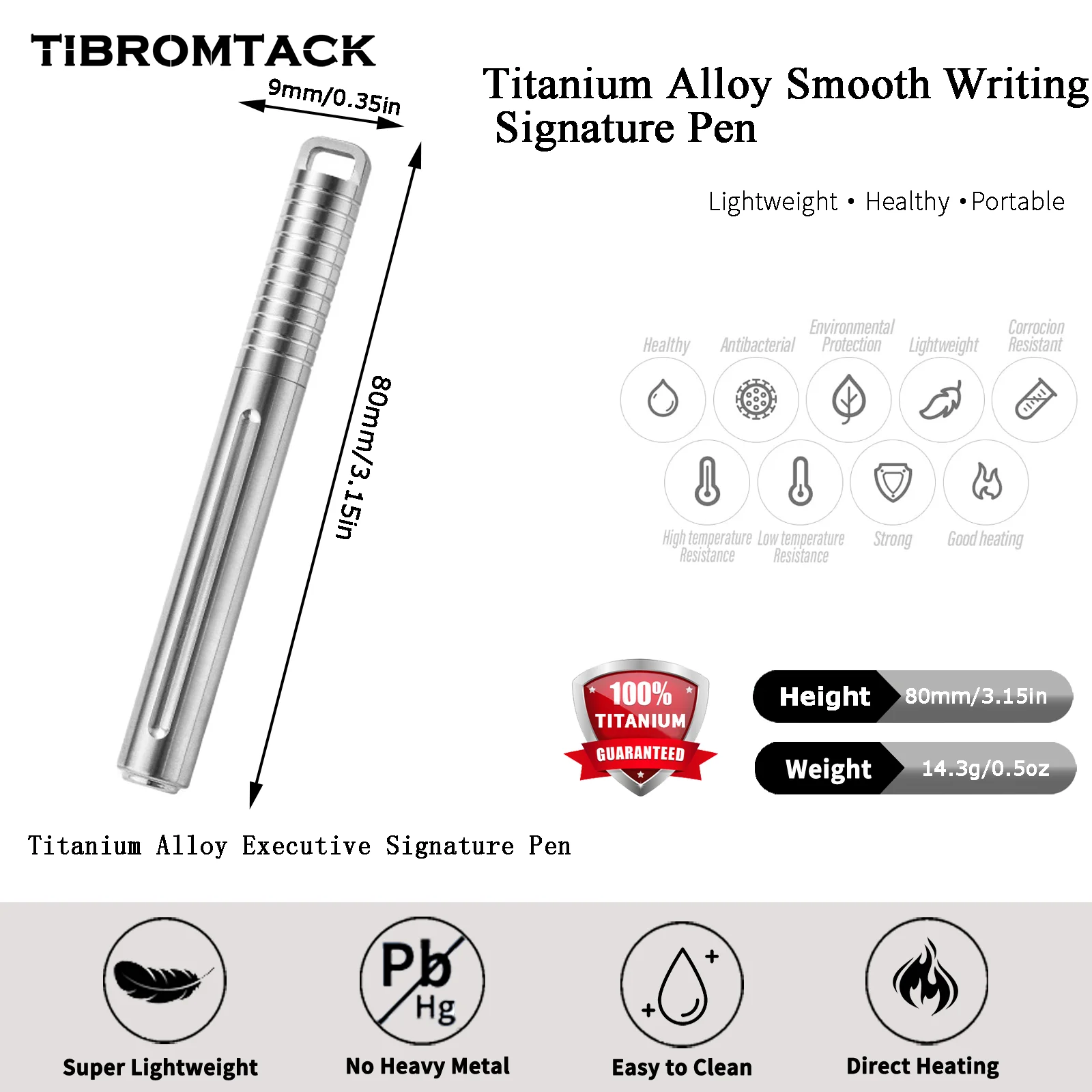 TIBROMTACK Pure Titanium Bolt Action Pen - 80mm/3.15in 14.3g Titanium Pen | Steel-Strength Ultra-Light Pen for Writing, Signing