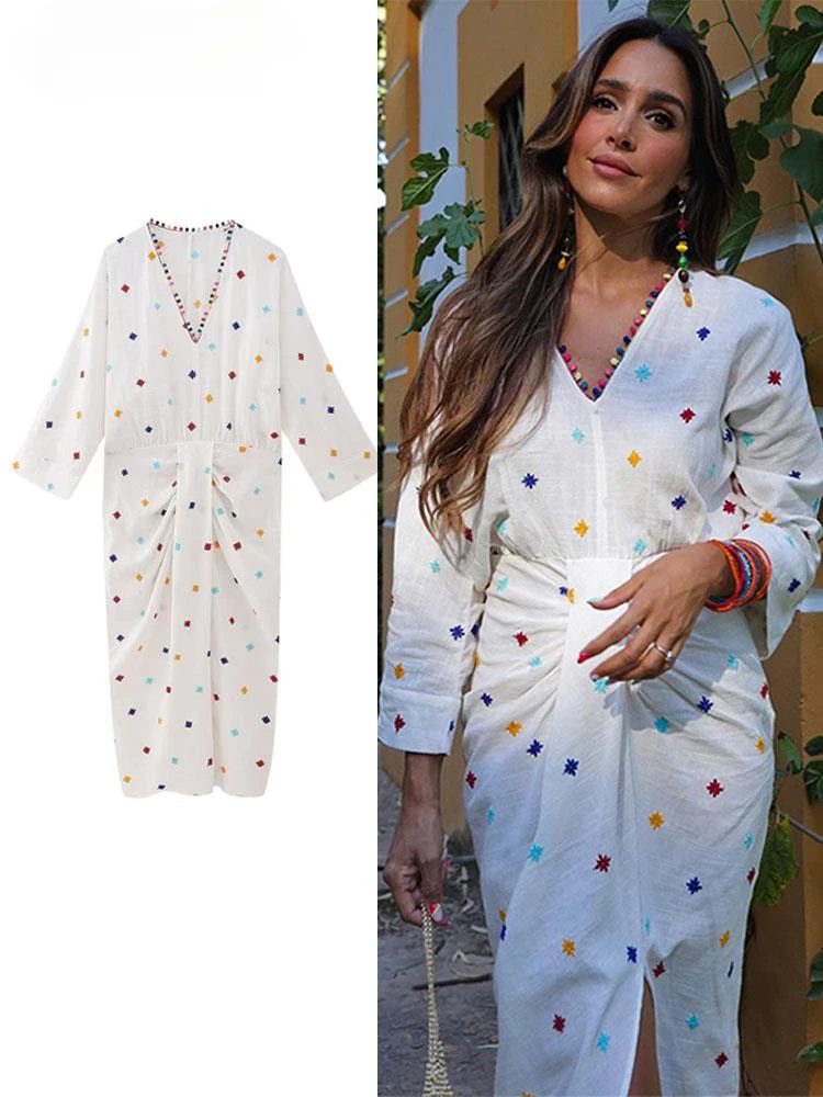 

Elegant Embroidered Long Sleeve Dress for Women, V-Neck Pleating Slit Dresses, Female Casual Loose Hip Package, Summer, 2024