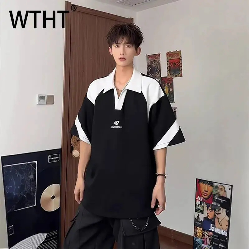 

WTHT Fashion Men‘s Spliced Contrast Color Embroidery Casual T-shirts Trendy Lapel Short Sleeves Tops Male 2026 Summer 2A2892