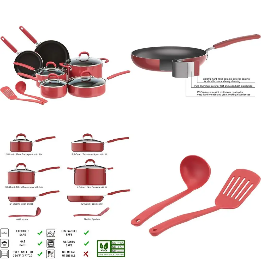 

amazon basics aluminum ns 12pc red cookware set, 12 piece