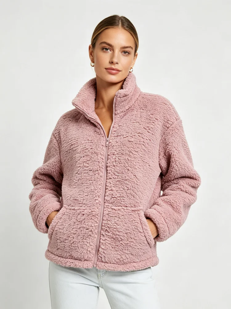 Women Women Sherpa Fleece Jacket Stand Collar Full Zip Fluffy Teddy Coat With Pockets Loose Warm Outerwear Fall Winter Casual Daily - Aliexpress Deal