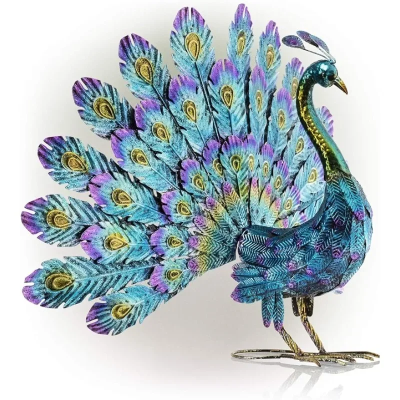 

Alpine Corporation 23" Tall Outdoor Metallic Peacock Tail Spread Yard Statue Decoration Multicolor