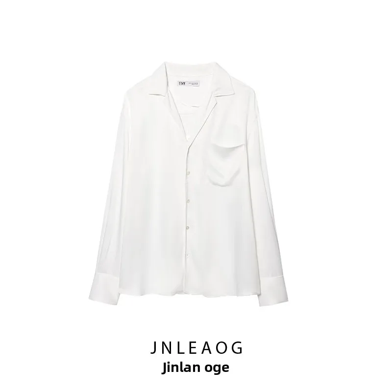 

JNLEAOG Women's Loose irt Autumn New Sle ket Decorated European Sle Polyester Fiber Long Sve Pure Color Button up