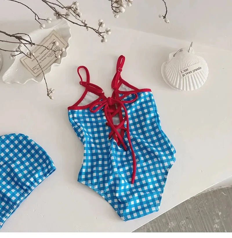 Summer Kids Swimsuit 1-6T Color Blocking Grid Girls Swimming Suit +Hat Seaside Vacation Style Children Baby Swimwear