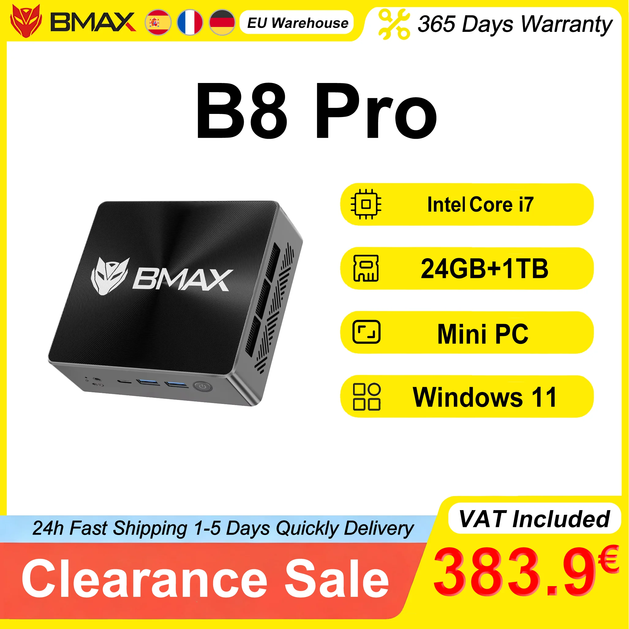 BMAX Mini PC B8 Pro Intel Core i7 24 GB RAM 1 TB szybki dysk SSD Windows 11 WiFi USB HDMI Bluetooth