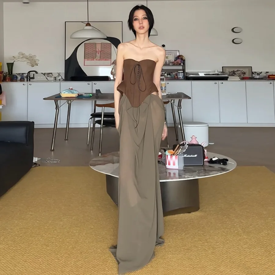 

【New style】Style spring new women's clothes lace chest, high-waist contrasting color splicing fake two-piece dress