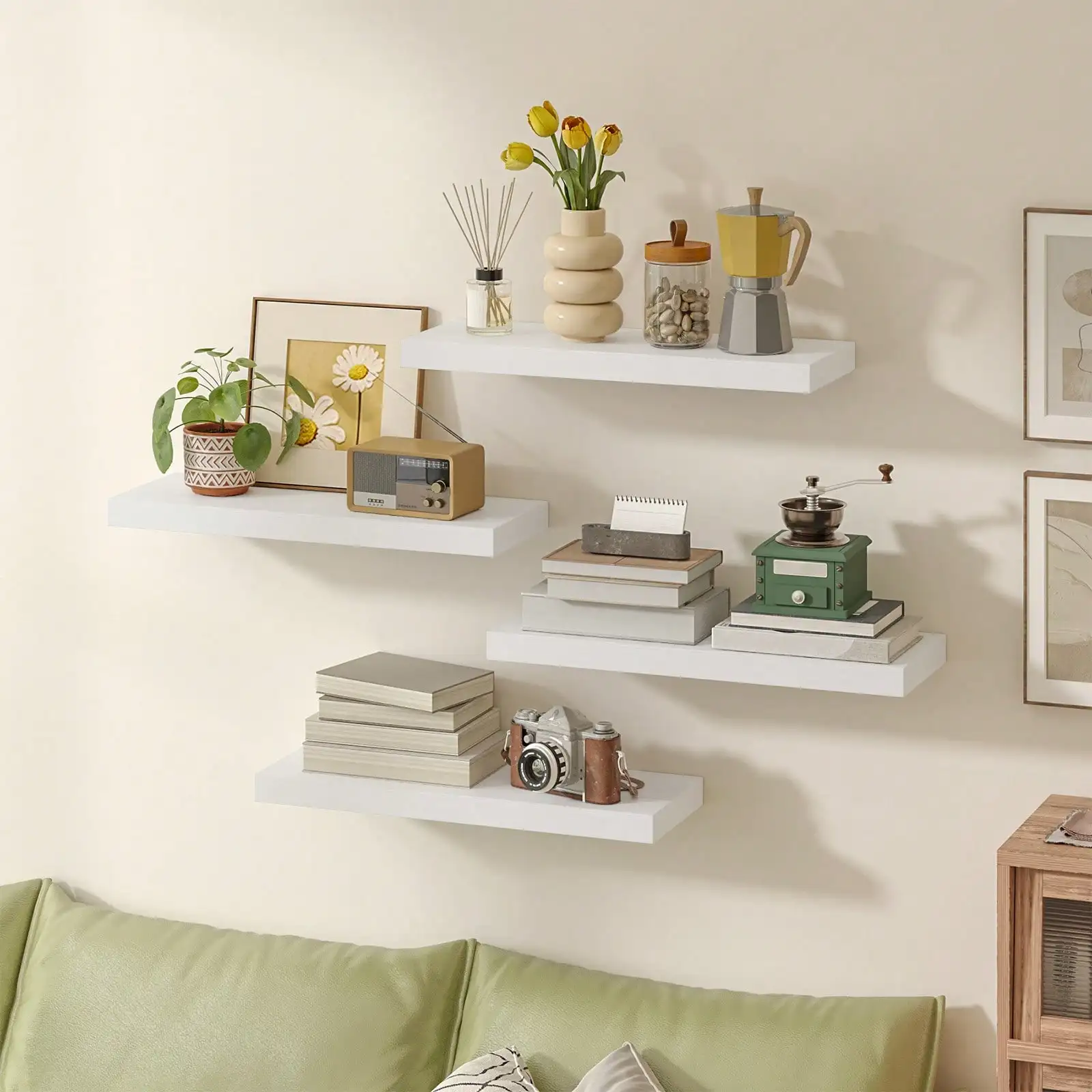 15.8 Inch Floating Shelves For Wall Modern White Wood Bathroom Storage Organizer Shelf Set Of 4 Wall Mounted Display Bookshelf With Hidden Invisible Brackets For Bathroom Bedroom Living Room Decor Housewarming Gift view 3