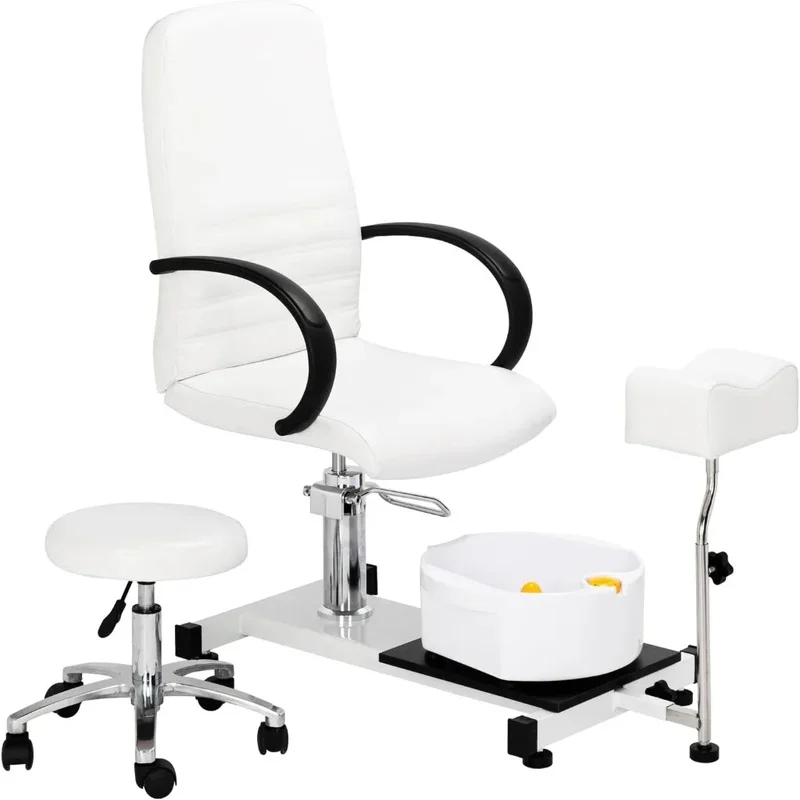 

White Pedicure Chair with Stool & Bubble Massage Foot Bath, Hydraulic Nail Tech Unit for Beauty Spa Salon