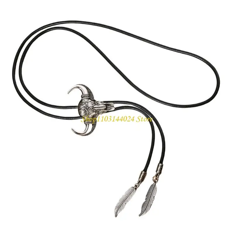 N5KE Men Women Western Cowboy Bolo Tie Vintage Turquoises Pendant Jewelry Leather Rope Necktie Tie Metal Necklace