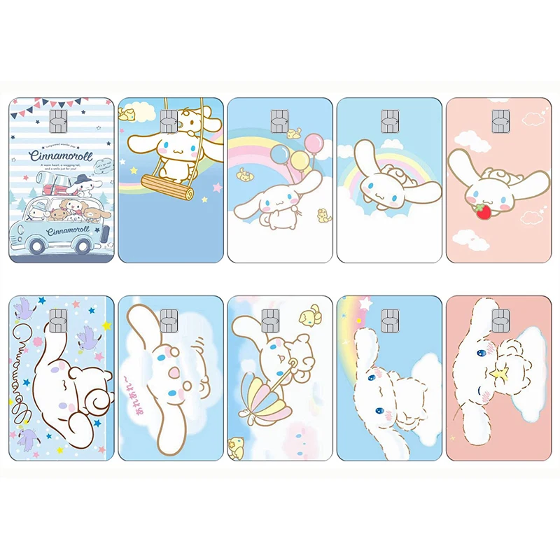 Kawaii Cinnamoroll Anime adesivi per carte di debito di credito fai da te Laser Cartoon Anime nastro di pellicola impermeabile pelle per piccoli grandi senza Chip