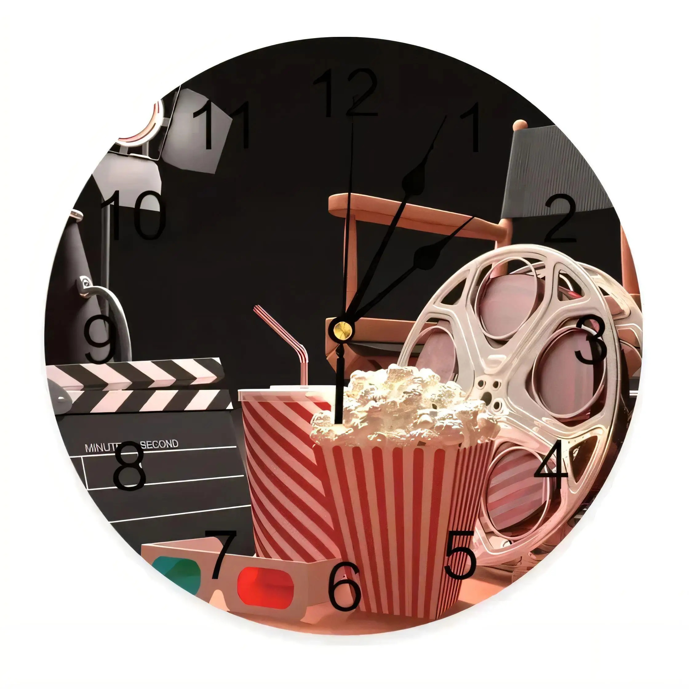 Vintage Movie Cinema Wall Clock  Decor, Popcorn 3D Glasses Film Reel Silent Non Ticking Battery Operated Home Art