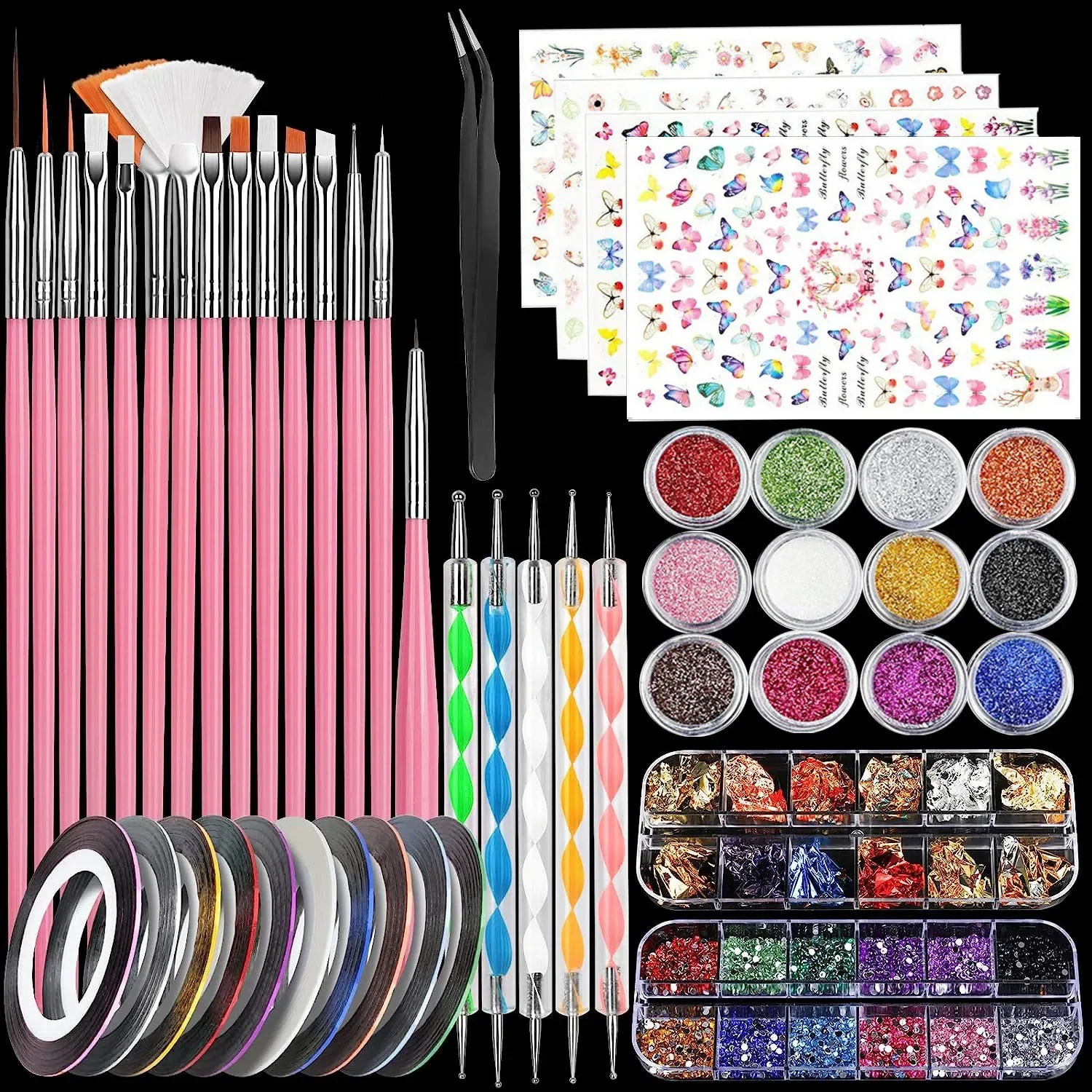 

Профессиональный набор для нейл-арта из 39 предметов: кисти, блестки, фольга, наклейки, стразы и инструменты | Идеально подходит для салонов, домашнего использования и профессионального нейл-арта.