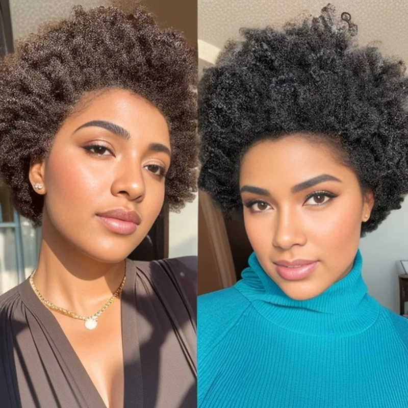 앞머리가 있는 짧은 아프로 곱슬머리 인모 가발, 전체 기계 제작 가발