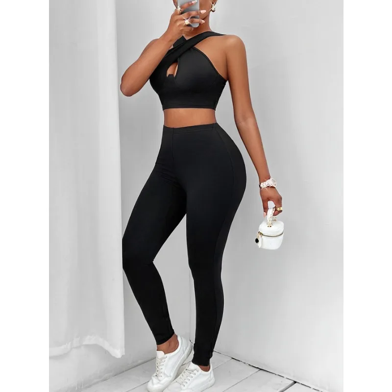 2024 Summer New women's Casual Solid Sports Cross Collar Off Waist Top & Pants Set moda femminile Slim Sporty Pants Sets