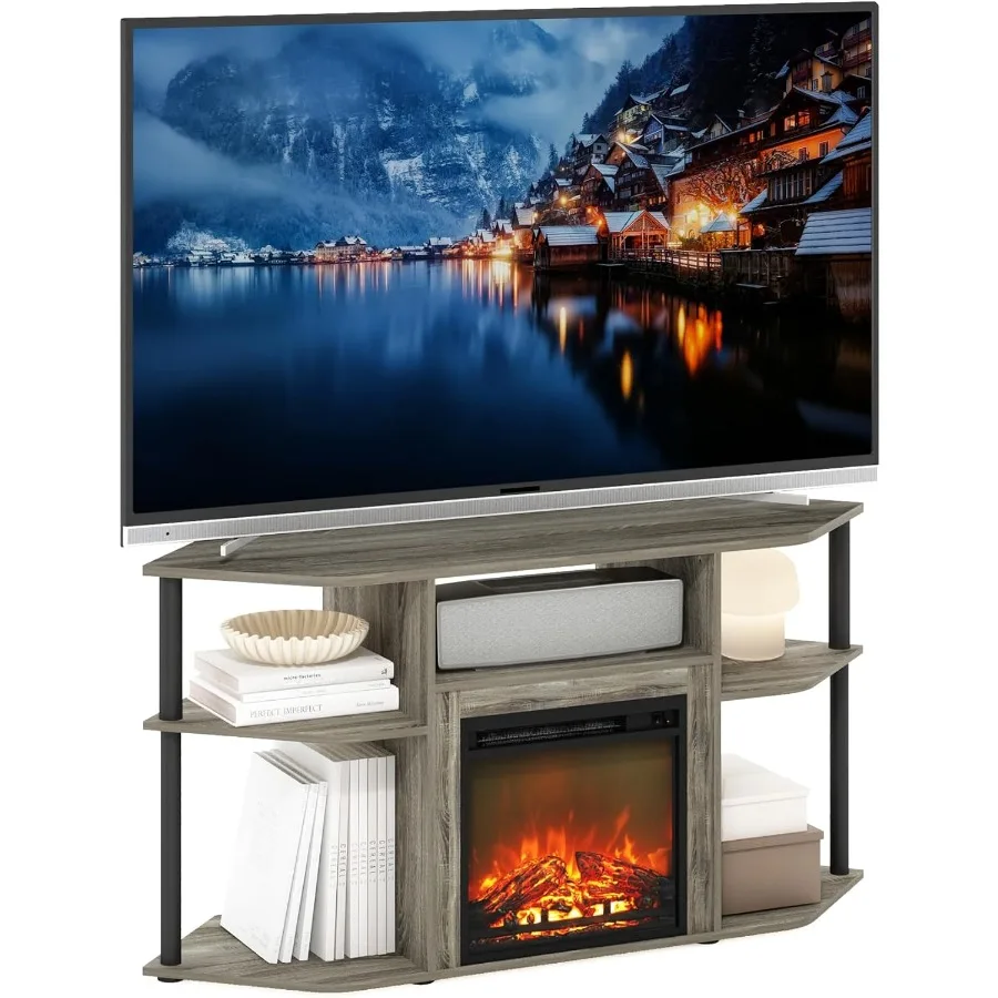 

Подставка для телевизора Jensen Fireplace, угловая развлекательная центральная ТВ-консоль для телевизора до 55 дюймов с пластиковыми стойками для камина и открытым сто