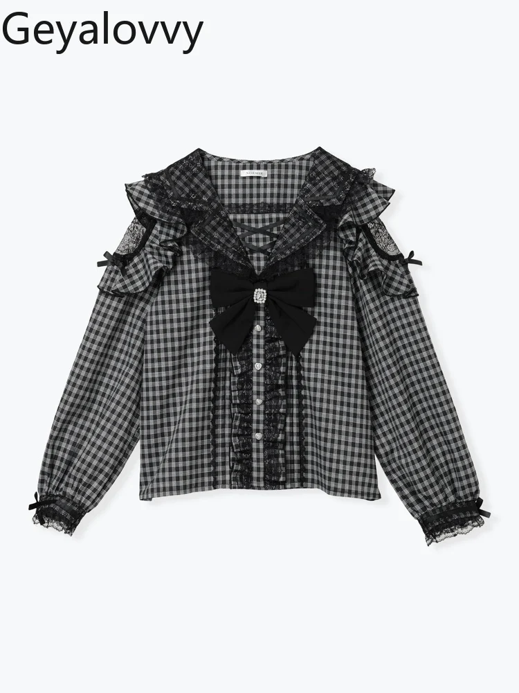 خريف جديد الإنتاج الضخم بحار طوق تنوعا قميص الحلو لطيف الفتيات الدانتيل بلوزة خارج الكتف القوس كم طويل بلايز #5