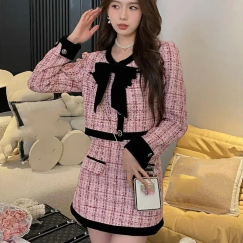 2024 Autumn Winter Tweed Two-Piece Skirt Set Women Short Jacket Coat + Mini Skirt Suits Elegant Korean Fashion Female Outfits