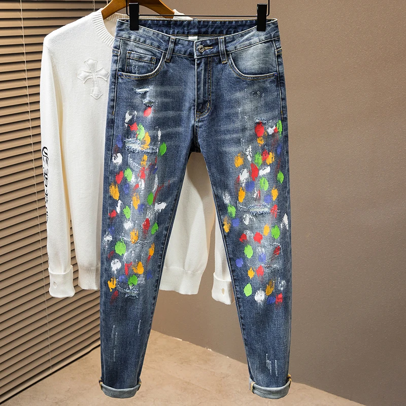 Designer Graffiti Men's Jeans Paint Painted Fashion Stretch High Street Trousers Slim Fit Small Feet Male Clothes Denim Pants