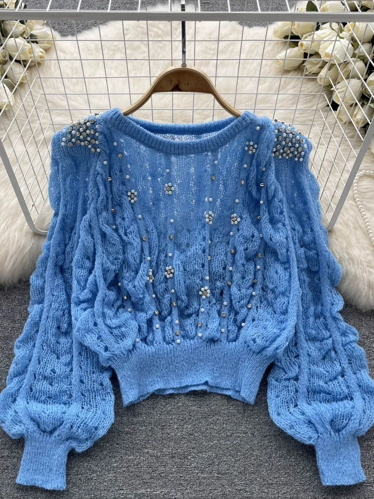 Rhinestone Retro Beaded Purple Sweater Women Sexy Cutout Round Neck Bubble Long Sleeve Knitwear Jumper Top Autumn Winter Clothes