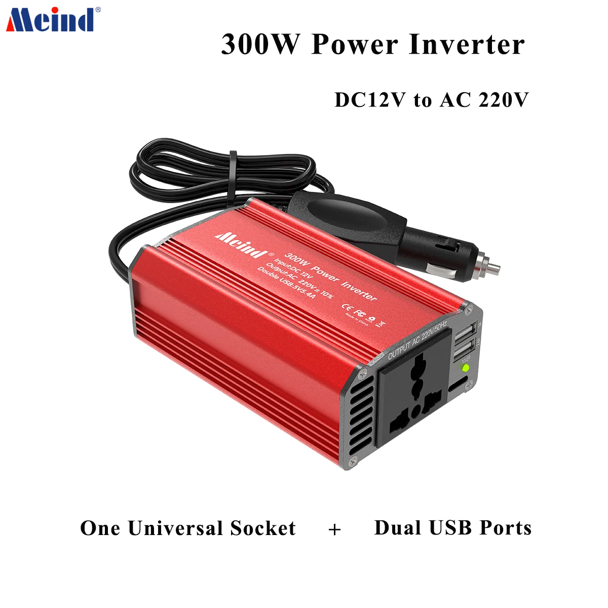 MEIND 300W Car Inverter DC 12V to AC 220V Power Inverter with Dual USB Ports for Car