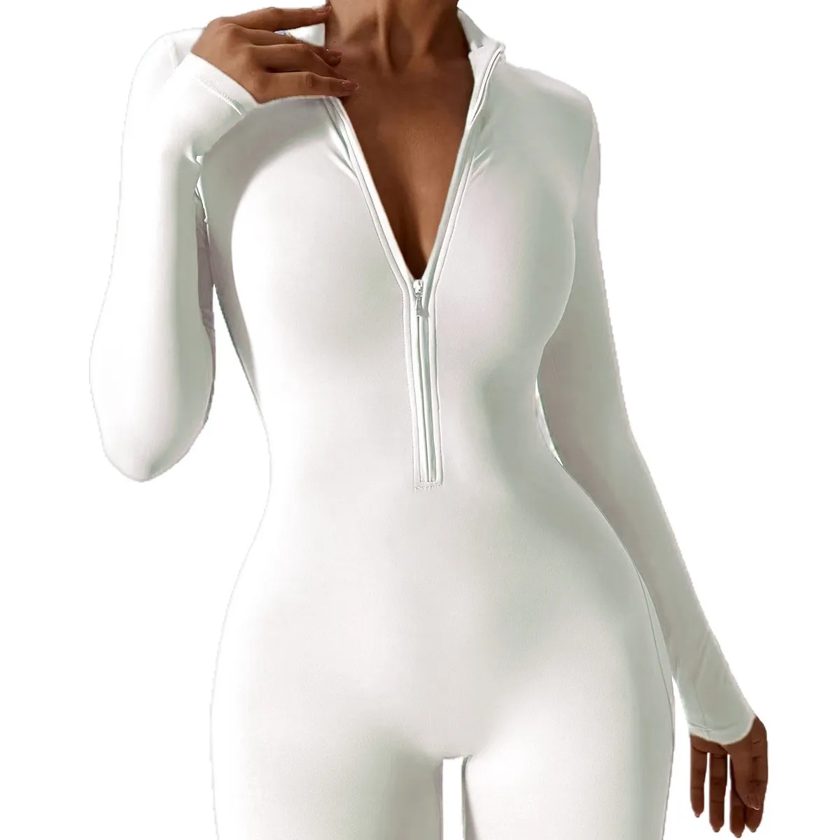 Tuta da fitness con cerniera nuda a maniche lunghe, tuta da fitness aderente per sport all'aria aperta traspirante ad asciugatura rapida