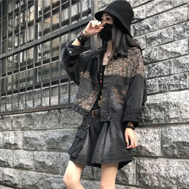 Herbst Neue Leopard Print Denim Jacke Stickerei Löcher Tun Alte Kurze Jacke frauen Trend