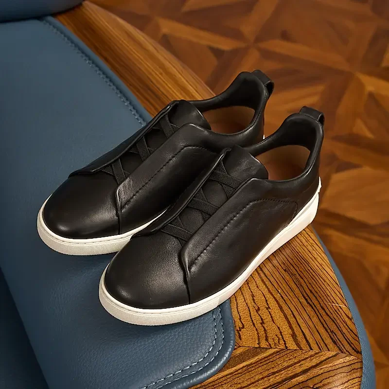 British Style Genuine Leather Men's Slip-On Business Loafers Handmade Casual Shoes Summer Breathable Round Toe Rubber Outso