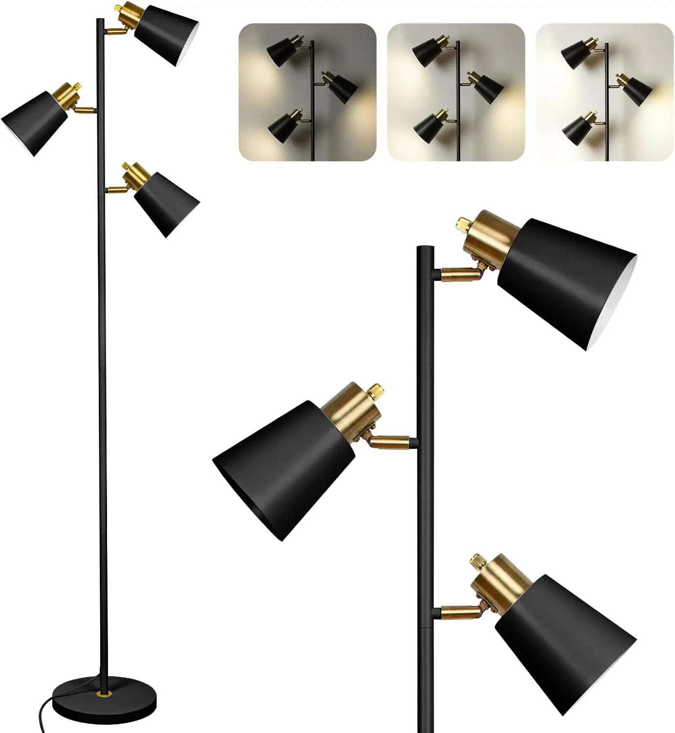 

Industrial 3-Light Floor Lamp with Adjustable Heads, Dimmable LED Bulbs for Living Room Bedroom Office in Black Gold
