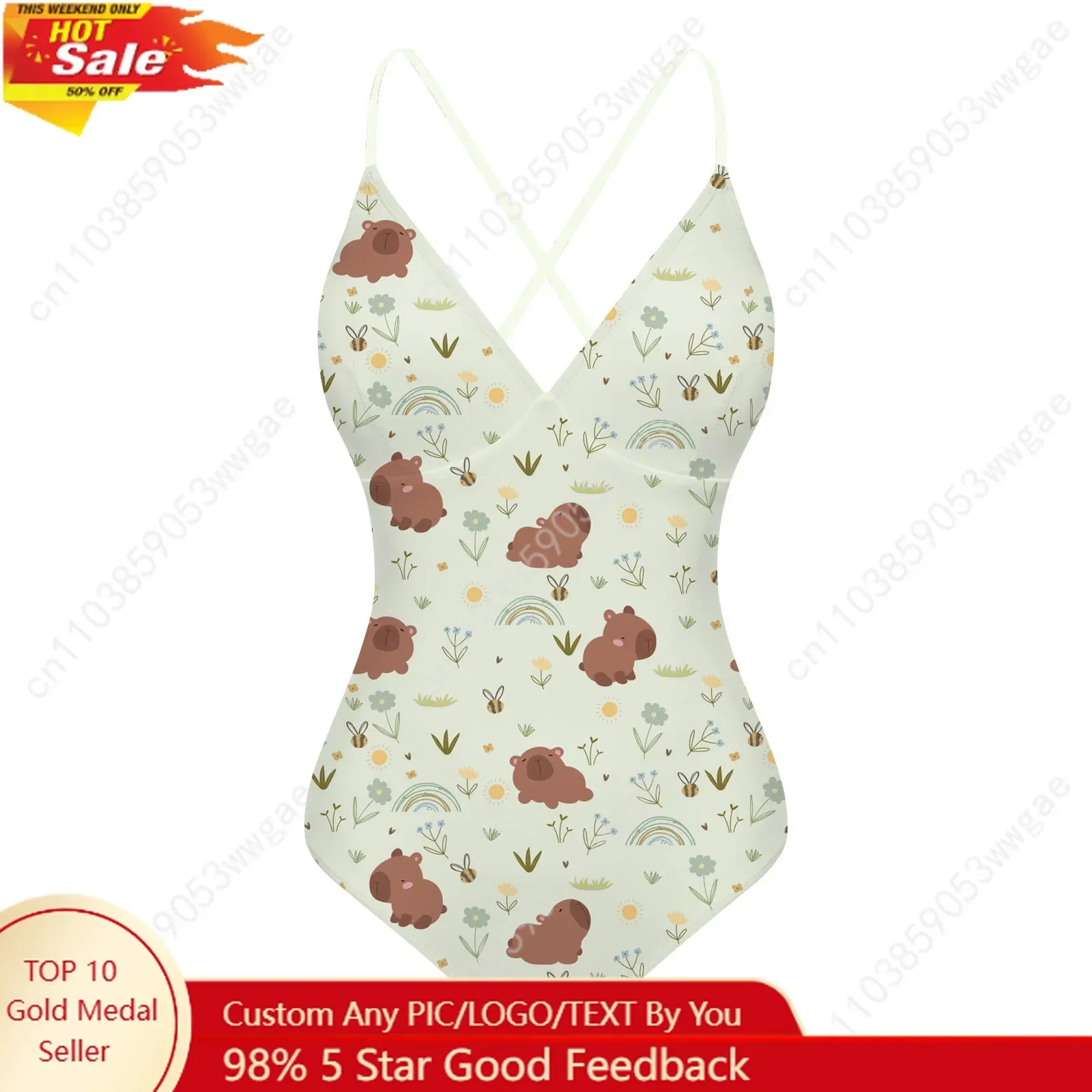 Capybara V-neck Halter Back Swimsuits Womens Bathing Suits Personalized Bikini Pool Beach Sexy Swimwear Customized Beachwears