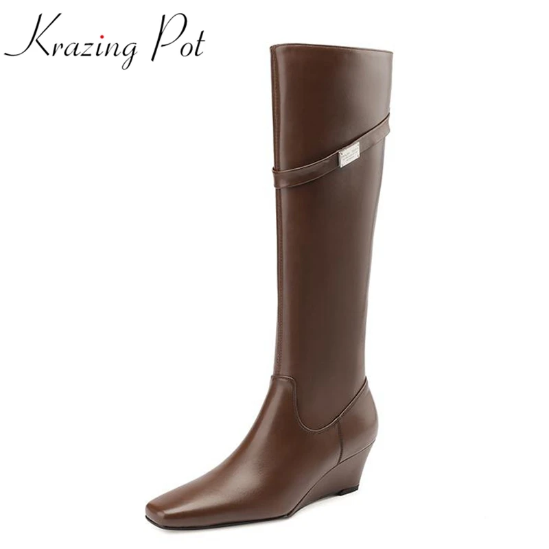 Krazing Pot New Cow Leather Square Toe Winter Warm Riding Boots Wedges Heels Big Size Gorgeous England Style Slip On Knee Boots