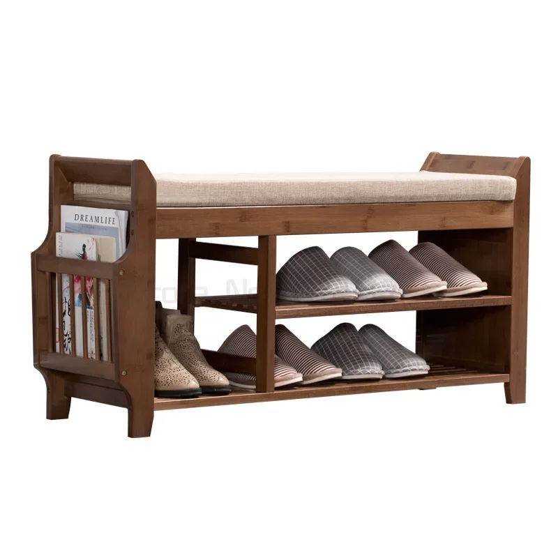 Natural Bamboo Shoe Storage Rack Bench with 2-Tier Cushion Seat Living Room Shoe Organizer Entryway Storage Hallway Furniture