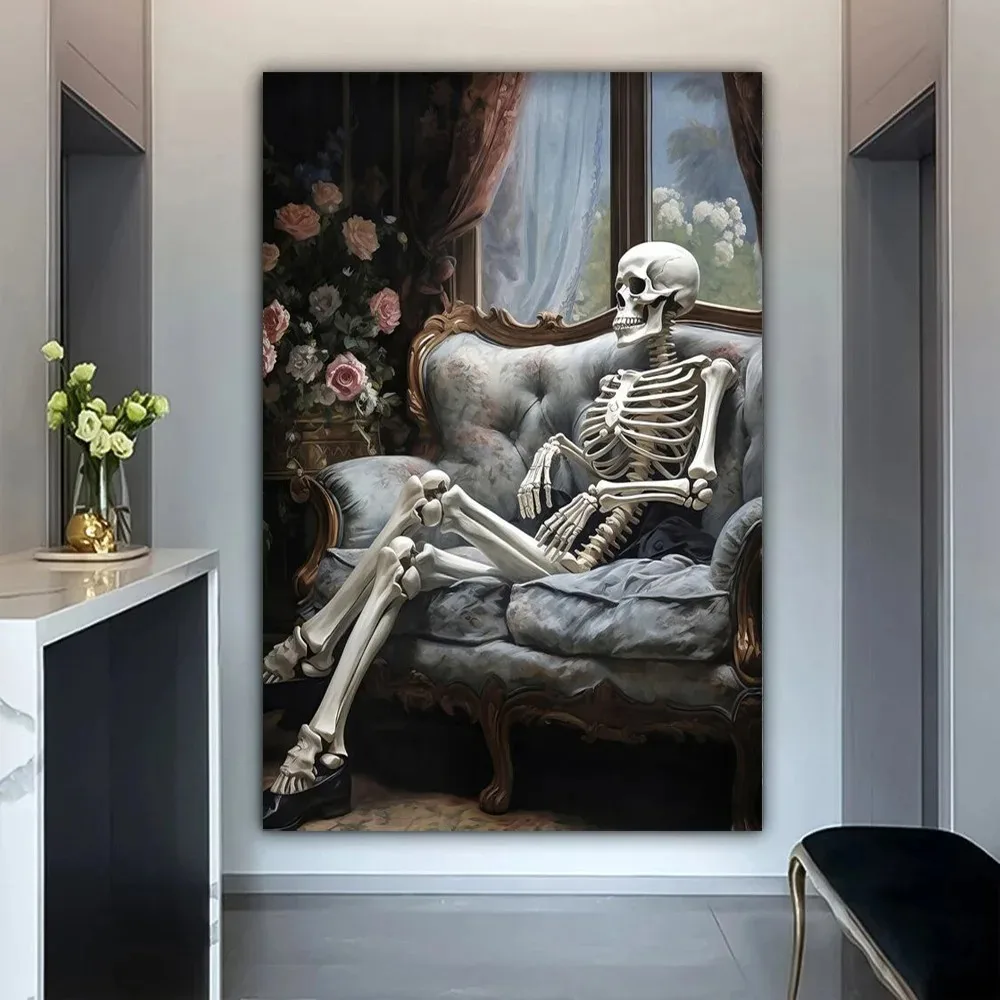 Vintage Gothic Wall Decor Skeleton Spooky Posters And Prints Dark Academia Floral Skull Canvas Art Painting For Living Room