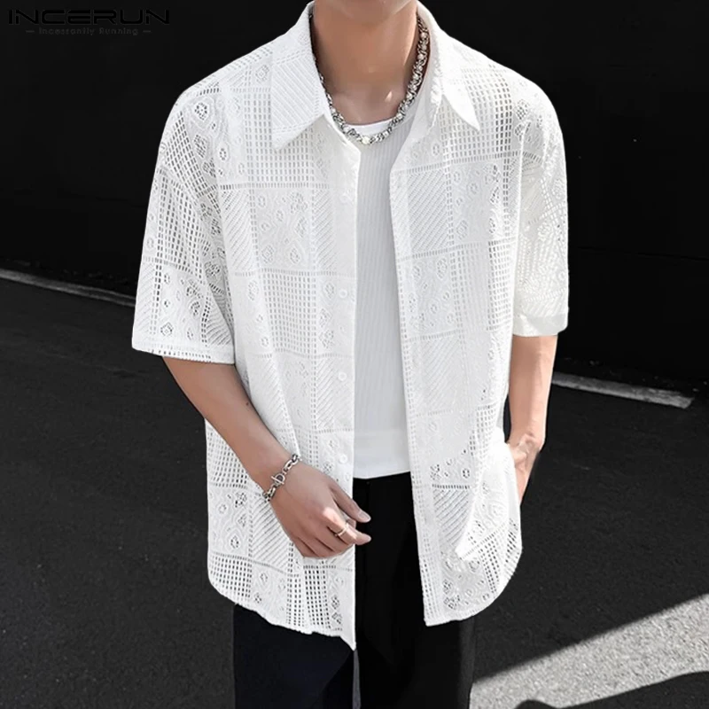 

INCERUN Men Shirt Mesh Lace Patchwork See Through Sexy Tops Lapel Short Sleeve Shirts Loose Streetwear 2025 Fashion Men Clothing