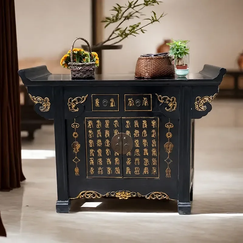 New Chinese Style Neoclassical Solid Wood Carved Gold Entryway Console Table Retro Porch Cabinet Storage Locker for Hallway