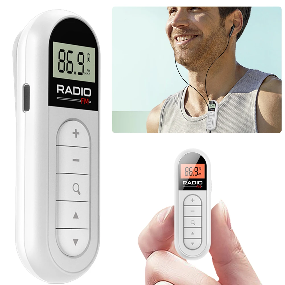 

FM Radio Backlight LCD Display Mini Pocket Clip Radio with 3.5mm Headphones Portable Radio 76-108MHZ for Walk Jogging Camping