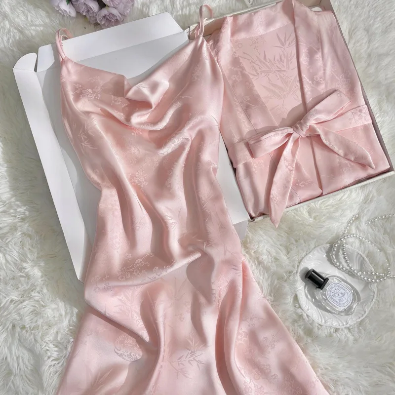 

2026 Summer New Robe Set Sleepwear Women Satin Kimono Gown Sexy Print Sling Nightdress Baggy Lingerie Nightgown Loungewear