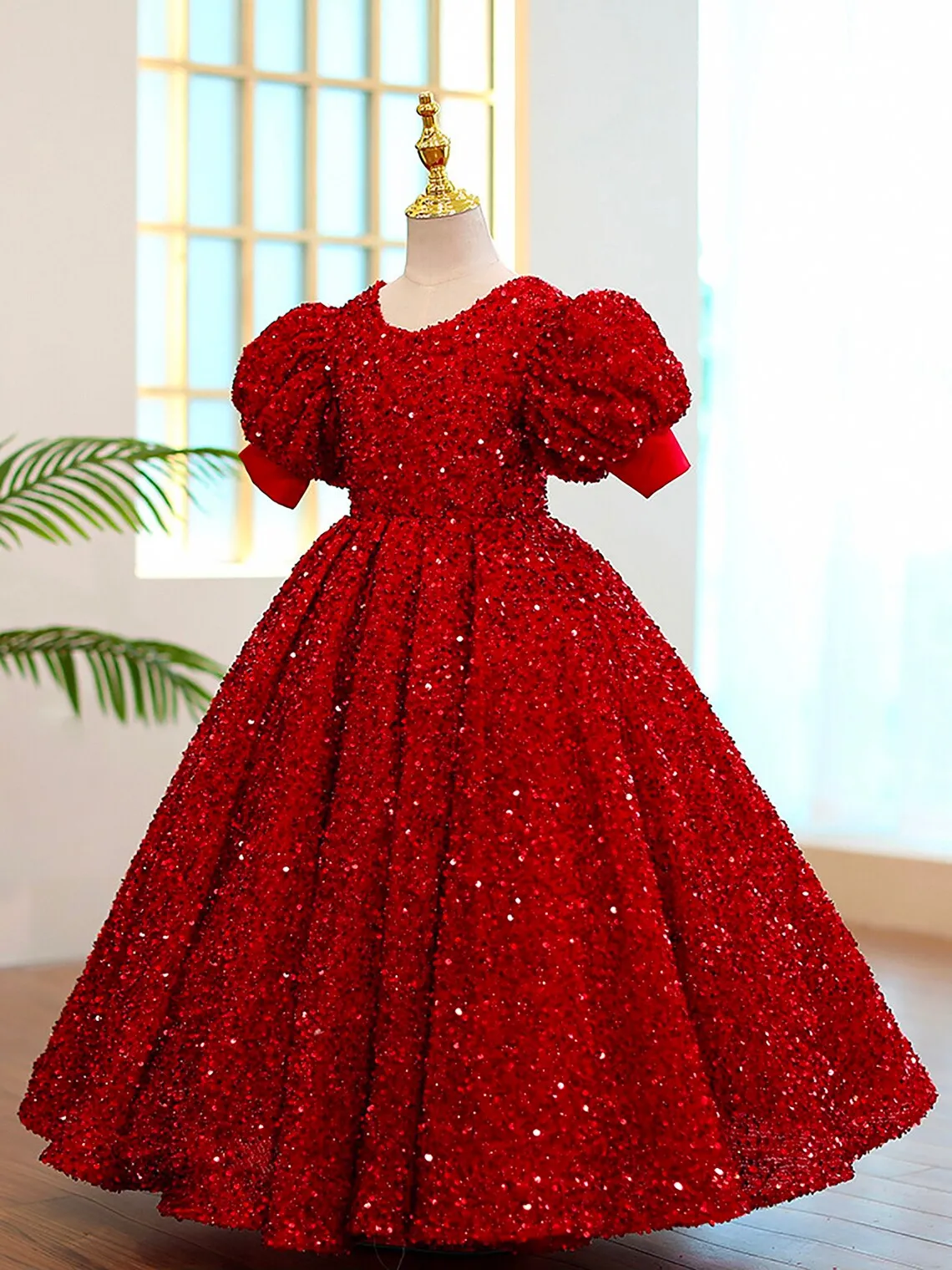 Glitter Red Sequin Flower Girl Dresses Long Christmas Party Dress Short Sleeves Birthday Pageant Wedding Guest Dress for Girls