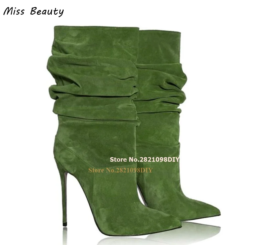 

Green Suede Leather Slouchy Shirred Boot Pointed Toe Tubular 120Mm Stiletto High Heel Women Pointy Runway Bota