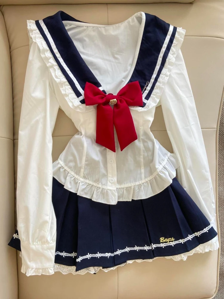 

Милый японский комплект из 2 предметов в консервативном стиле, женский топ с воротником в темно-синий цвет и плиссированная юбка с высокой талией, осенний милый тонкий наряд в стиле Харадзюку