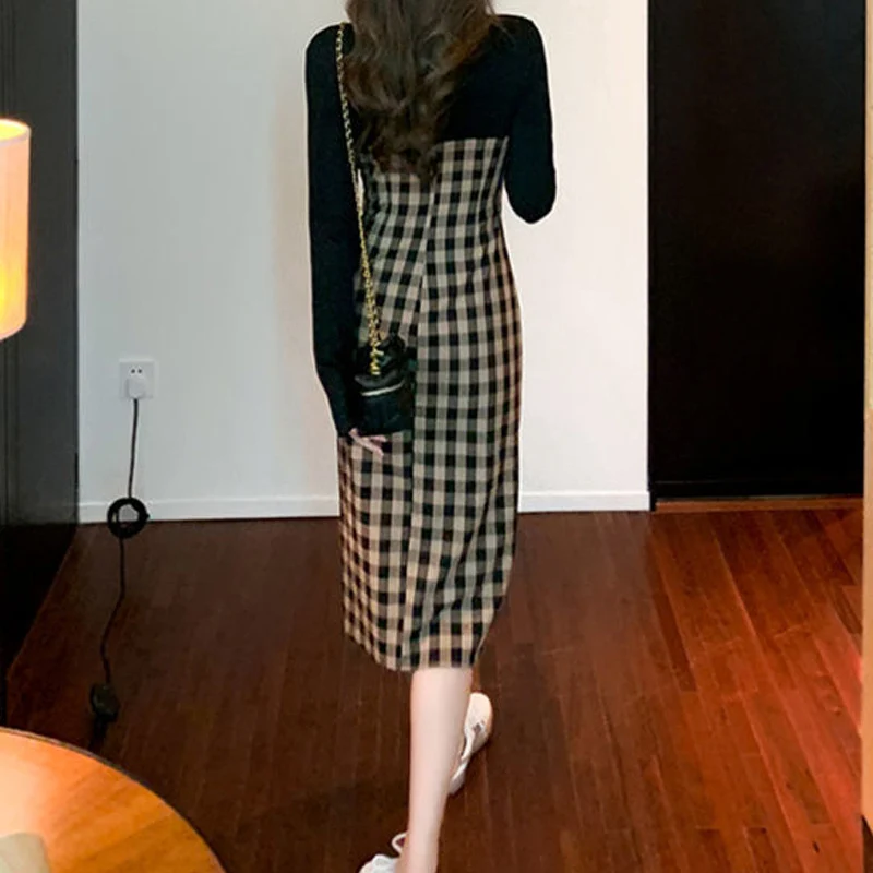 Spring Autumn Fashion Plaid Print Patchwork Ruched Slim Street Chic Midi Dress Women Casual O Neck Long Sleeve Sexy Slit Dresses