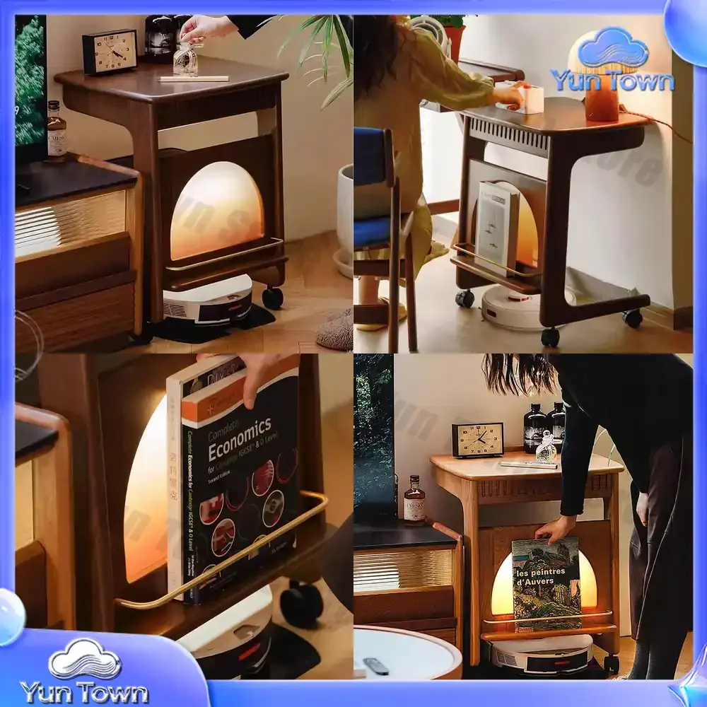 Vintage Solid Wood Trolley for Robot Vacuum Cleaner Storage Rack Side Table for Small Space Sofa Bedside Mobile Cart with