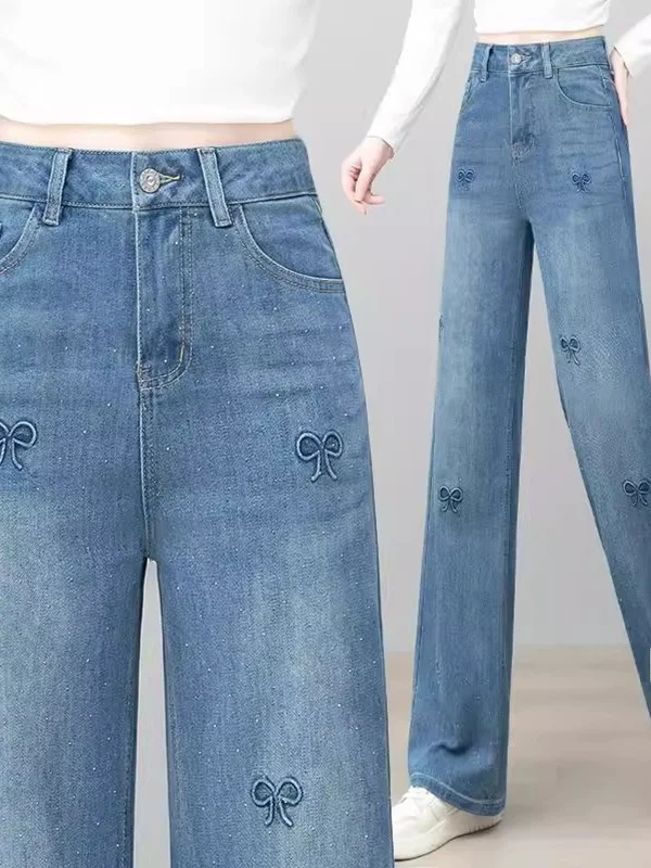 Embroidered Rhinestone Women's Summer Small Size Loose Wide Leg Jeans High Waist Long Pants Thinming Straight Cut Denim Trousers