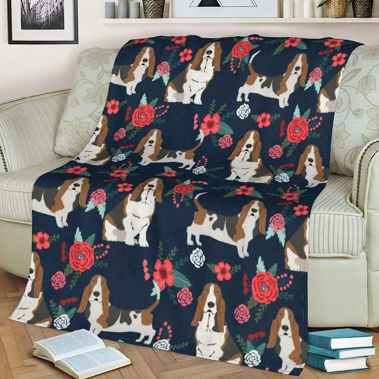 Cute Basset Hound Dogs Lovers Green Rose Flower Floral Funny Animals Puppy Dog Blanket throw Ultra Soft Light Cozy