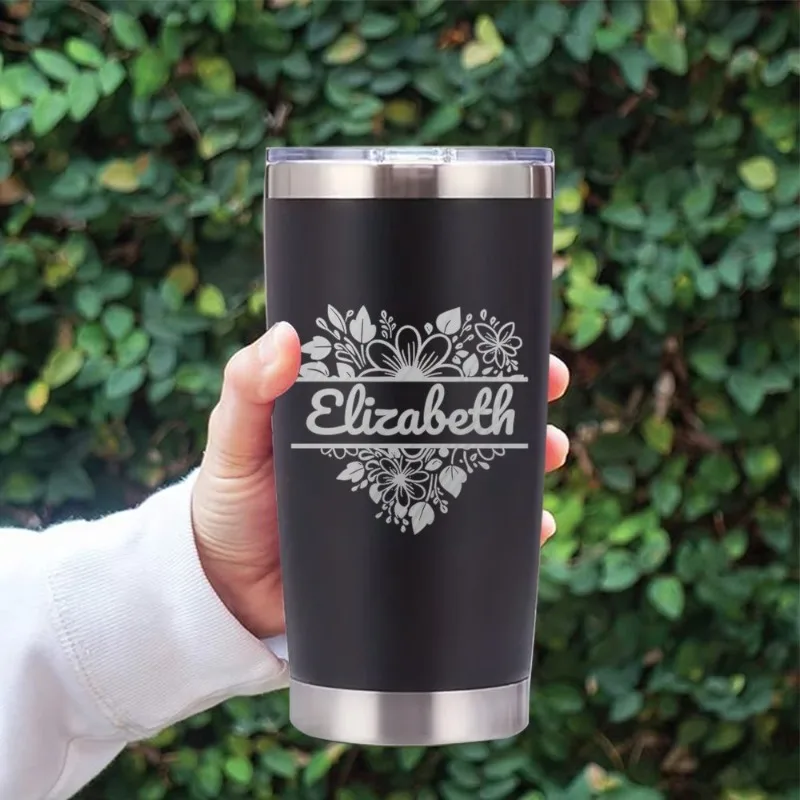 Personalized Customized Name Love Flower Pattern Carved Premium Insulated Coffee Cup Birthday Festival Gift for Men and Women