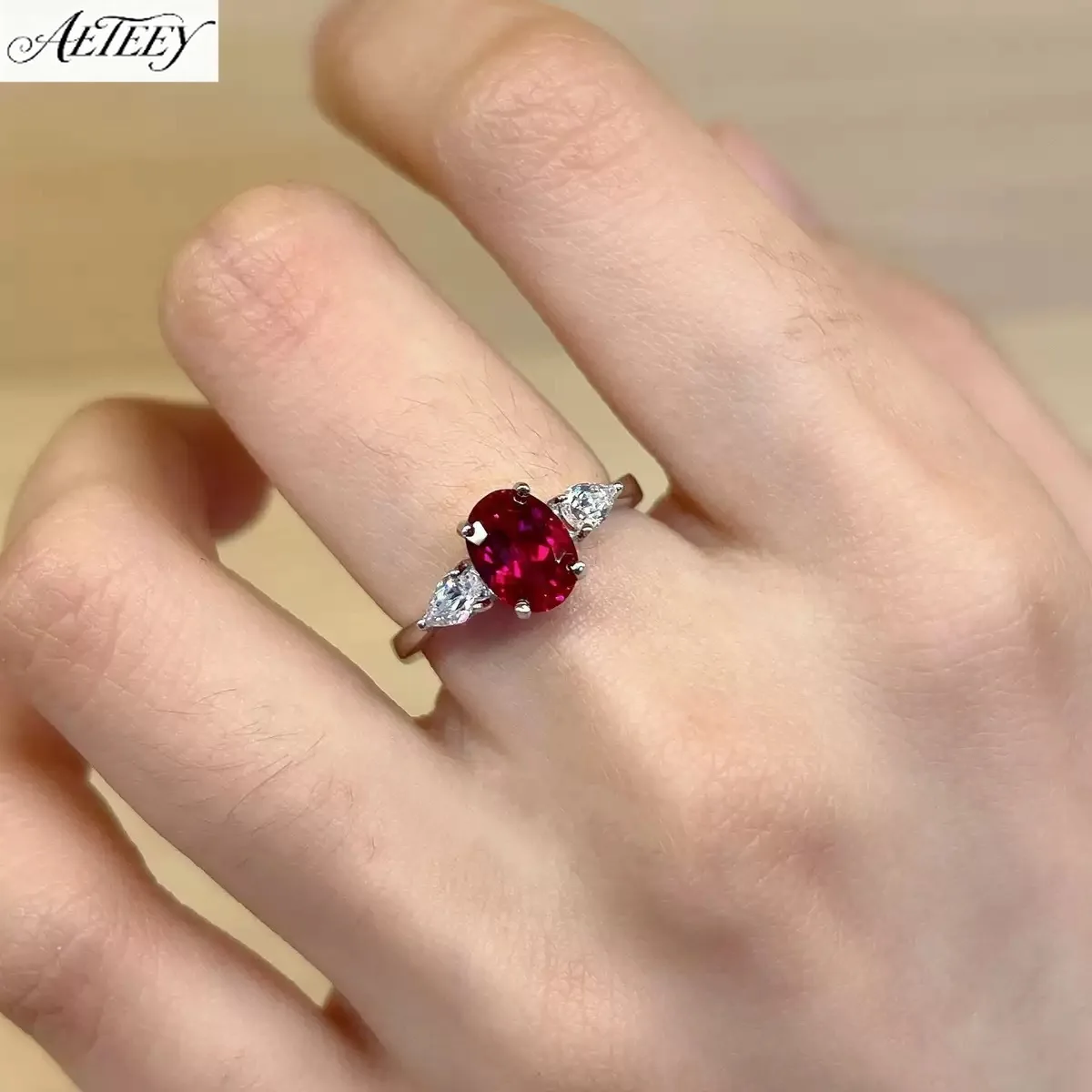 AETEEY S925 Silver Oval Pigeon Blood Ruby Ring Light Luxury All-match Women Finger Jewelry