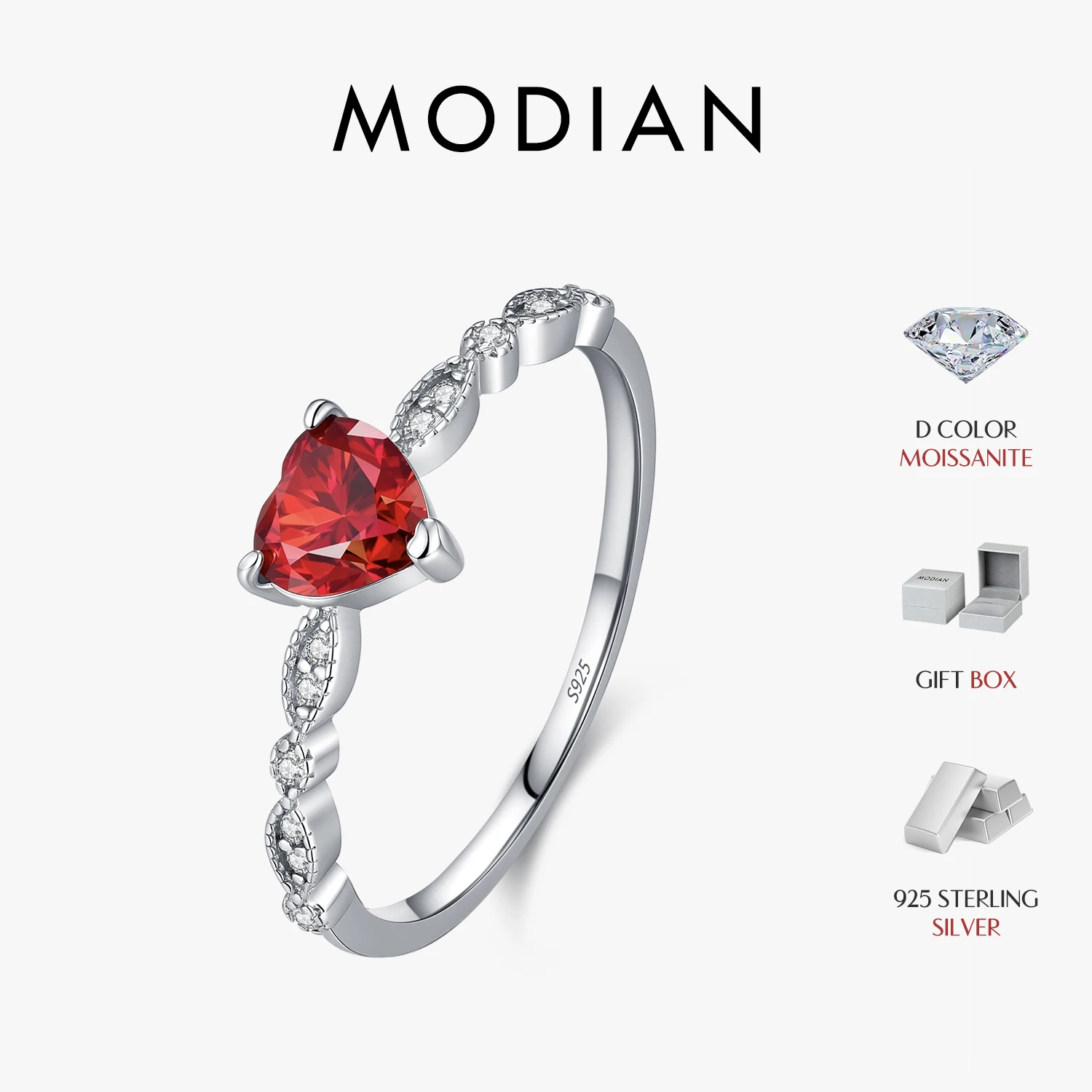 MODIAN 0.5CT Moissanite Dazzling Red Heart Rings 925 Sterling Silver Romantic Wedding Engagement Band For Women Fine Jewelry