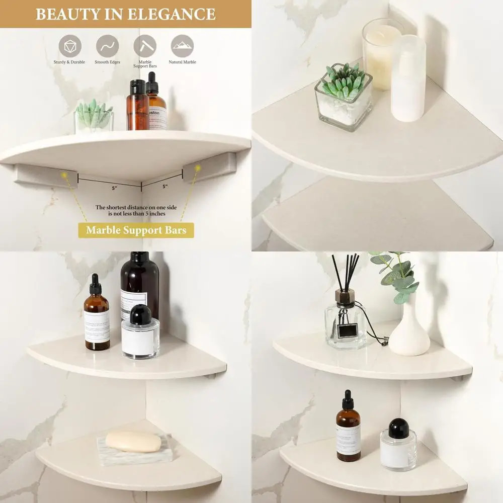 

Set of 2 Wall-Mounted Marble Corner Shower Shelves, Sahara Sand, No Drilling Required