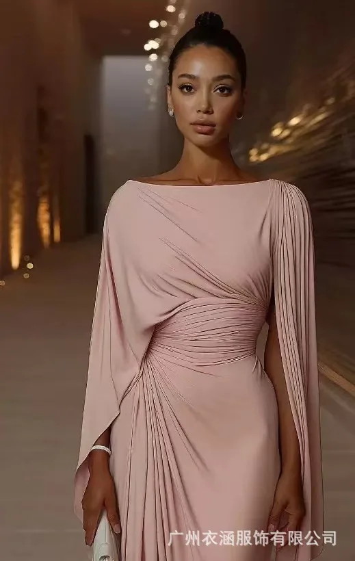 Sexy Abendkleid mit Schrägausschnitt und Falten, Elegantes Hochgeschnittenes Einfarbiges Bankett-Kleid, Damen Freizeitkleid mit Unregelmäßigen Langen Ärmeln – Detail 9