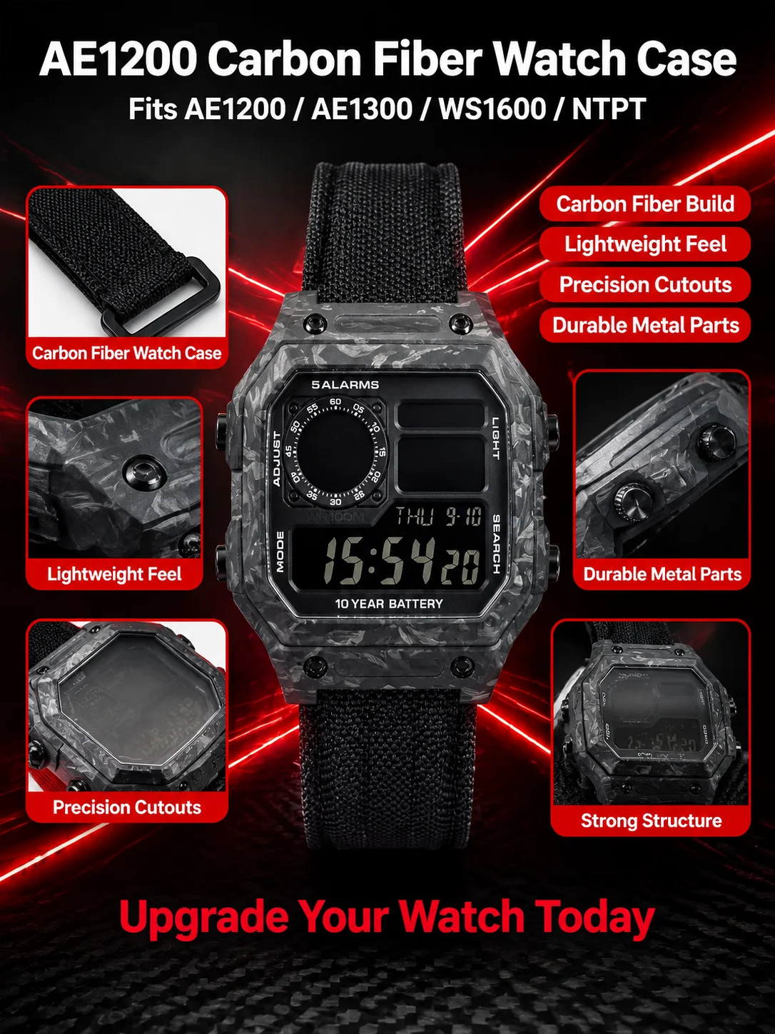 Royale Mod for CASIO AE1200 AE1300 WS1600 Watch Case 316L Stainless Steel NTPT Forged Carbon Fiber Sapphire Glass Combo Kit