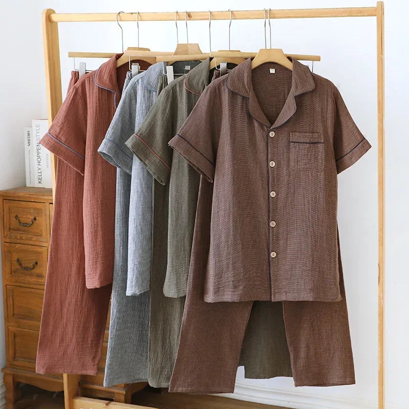 

Short Sleeved Long Pants Men's Cotton Pajamas Set for Summer Skin Friendly and Breathable Solid Color Men Sleepwear Clothes